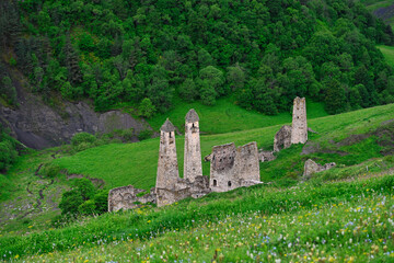Ruins of Khyani mountain settlement with ancient stone towers, Ingushetia Republic of Russia
