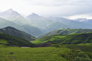 Picturesque landscapes of the Caucasus Mountains from the Tsey-Loam Pass
