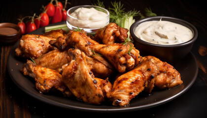 Seasoned chicken wings served with a creamy dip and fresh herbs on a plate,AI generated