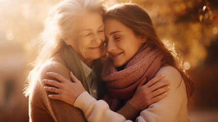 Lovely smiling happy elderly parent mom with young adult daughter two women together wearing casual clothes hugging cuddle kiss - obrazy, fototapety, plakaty