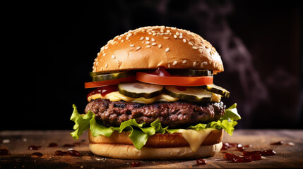 fresh tasty burger on black background, Generative Ai