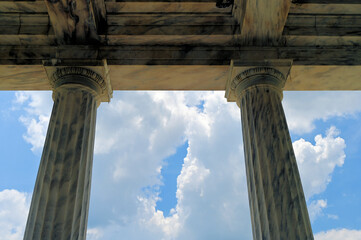 Detail of Vicksburg Battlefield Memorial Marble Columns against Cloudy Sky