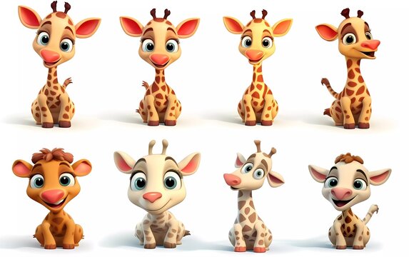 collection of 3d illustrations of cute cartoon giraffes, in various styles, on a white background. generative ai