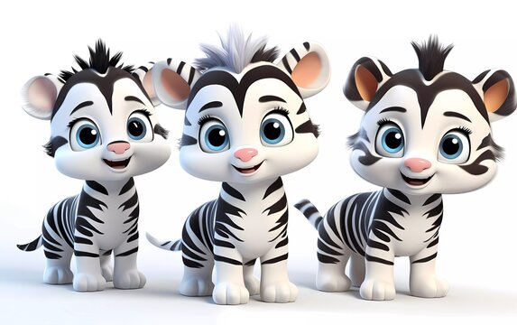 collection of 3d illustrations of cute cartoon zebra cubs, in various styles, on a white background. generative ai