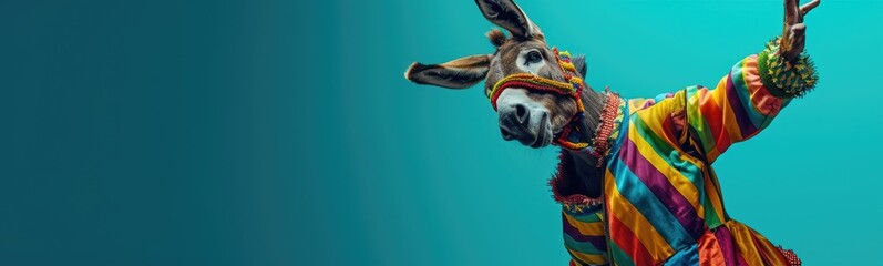 Cute donkey wearing colorful clothes . Banner