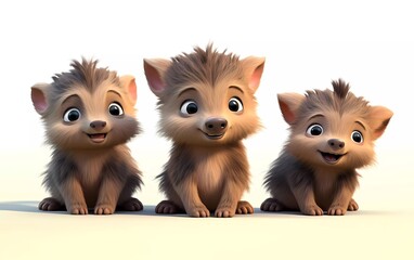collection of 3d illustrations of cute cartoon wild boar cubs, in various styles, on a white background. generative ai