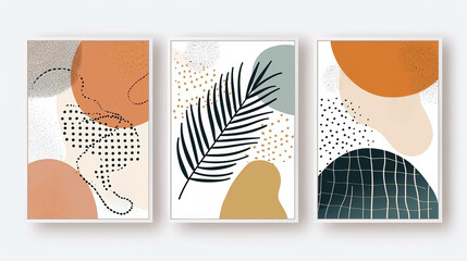 Abstract geometric, natural shapes poster set in mid century style. Modern illustration: tropical palm leaf, geo elements for minimalist print, poster, boho wall decor of art illustration framed set