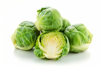 Brussels Sprouts with One Cut in Half on White Background