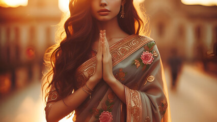 young  girl indian woman wearing sari - obrazy, fototapety, plakaty
