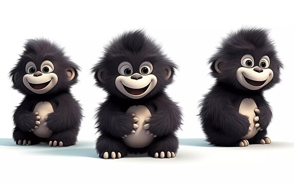collection of 3d illustrations of cute cartoon gorilla cubs, in various styles, on a white background. generative ai