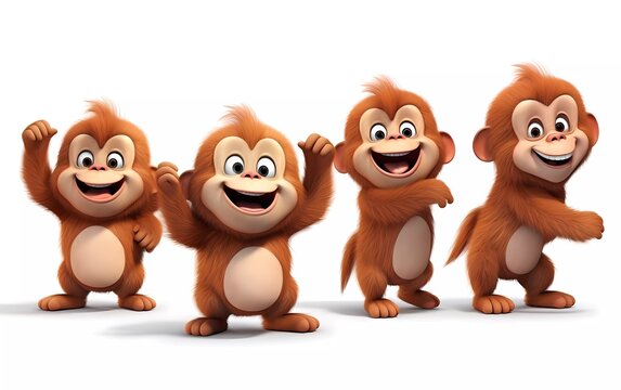 collection of 3d illustrations of cute cartoon monkey children, in various styles, on a white background. generative ai