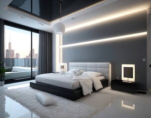 Fototapeta na wymiar 3d render of bedroom in modern style with black and white wall