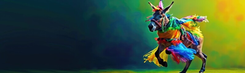 Donkey wearing colorful clothes. Banner