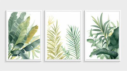 Botanical background of art illustration framed set, three set on white background. Generative Ai