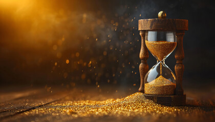 Hourglass on a table, time passing concept. 