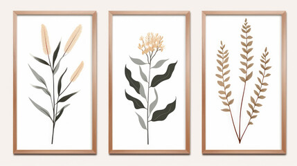 Fototapeta na wymiar Botanical background of art illustration framed set, three set on white background. Generative Ai