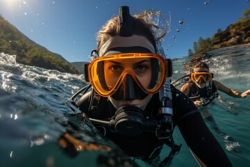 Photo Realistic of a Female Snorkeler in a Wetsuit and Diving Mask, Generative AI