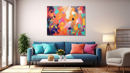 Fototapeta na wymiar cheerful and happy mood living room idea of home decor design with colorful abstract painting art wall hanging picture, Generative Ai