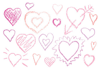 Hearts  with chalk texture and broken heart isolated on white background for Valentine's day decoration, birthday card, border or other use. Big vector set. Hand drawn illustration. Not AI created.