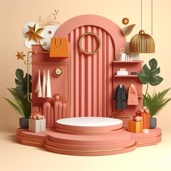 3d illustration for shopping with podium background,Generative Ai