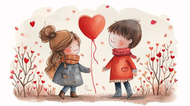 watercolor painting style illustration of cute happy girl and boy valentines cartoon, Generative Ai