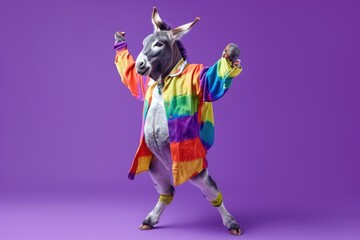 Obraz na płótnie Canvas Donkey wearing colorful clothes dancing on purple background. 