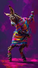 Donkey wearing colorful clothes dancing on purple background. Vertical background 