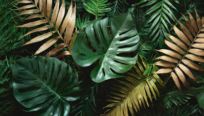 Fototapeta na wymiar closeup nature view of palms and monstera and fern leaf background. Flat lay, dark nature concept, tropical leaf.