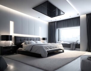 3d render of bedroom in modern style with black and white wall