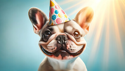 Happy cute French bulldog dog in party hat celebrating birthday	
