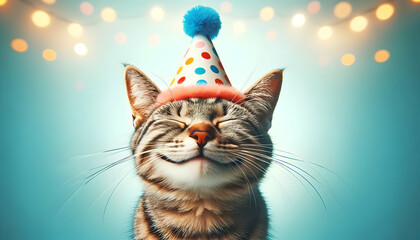 Happy cute cat in party hat celebrating birthday	
