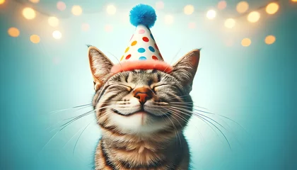 Tuinposter Happy cute cat in party hat celebrating birthday   © Zense