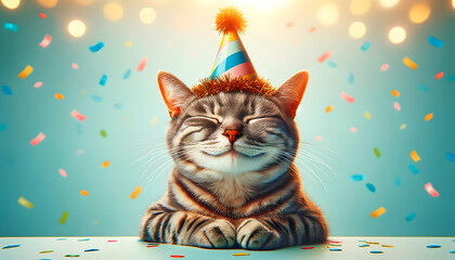 Happy cute cat in party hat celebrating birthday	
