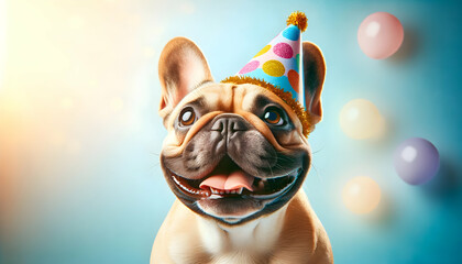 Happy cute French bulldog dog in party hat celebrating birthday	
