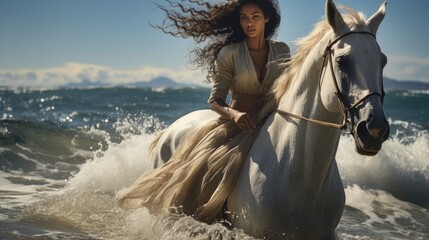 A fast-riding dark-skinned woman on the seashore.