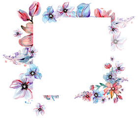 Pink and blue watercolor spring floral frame. PNG transparent hand painted illustration