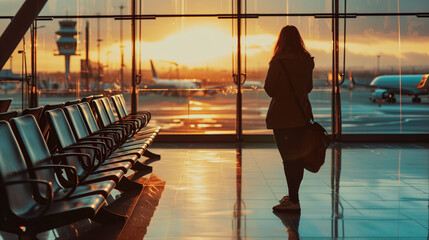 A Woman see view window at Airports, Silhouette of a person stand in the airport waiting for flight feeling alone