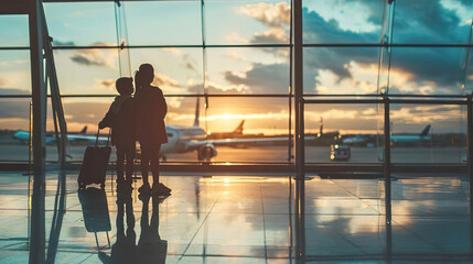 Sister brother see view window have plane in airport silhouette of a person in the airport, departure gate luggage feel alone