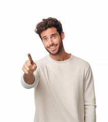 Fototapeta premium Excited guy smiling happily, pointing with index finger upwards on blank copy space for announcement advertisement, came up to a great idea. 