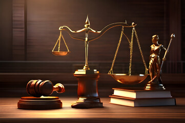 Close up detail of the scales of justice. Scales for weighing, libra, justice isolated on wooden background. International Justice Day July 17. Legal social justice concept. Black truth balancing