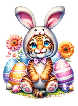 Cute Tiger in Easter Bunny Costume with Easter Eggs and Flowers Watercolor Clipart on Transparent Background. Happy Easter Clipart.