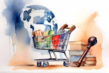 World consumer rights day march 10 Shopping cart and judge gavel for consumer rights concept. International Justice Day July 17. Legal social justice concept. Perfect for poster banner template design - obrazy, fototapety, plakaty