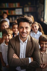 Happy teacher posing with his students in the library