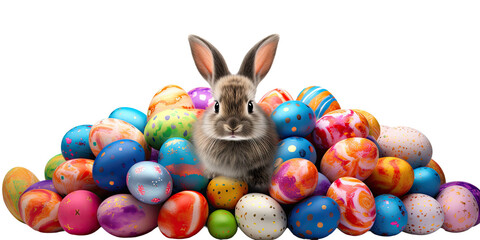 Fototapeta na wymiar An Easter bunny in the middle of many colorful Easter eggs, background, banner, isolated