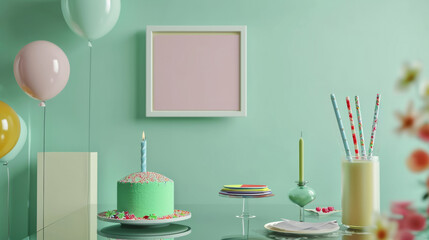 A festive birthday setting with balloons, a candlelit cake, and colorful straws on a pastel backdrop