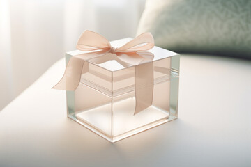 Elegant clear gift box with a soft peach ribbon on a bright surface, embodying simplicity and the joy of giving