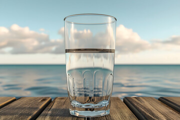 A glass of water on wooden table on sea background