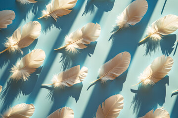A pattern of delicate feathers cast soft shadows on a light blue background, evoking a sense of lightness and air
