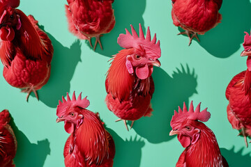 Cheerful red roosters on a mint green background creating a minimalist and rhythmic pattern