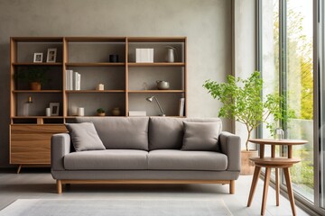 A stylish living room with a large window, sofa, coffee table, and plants